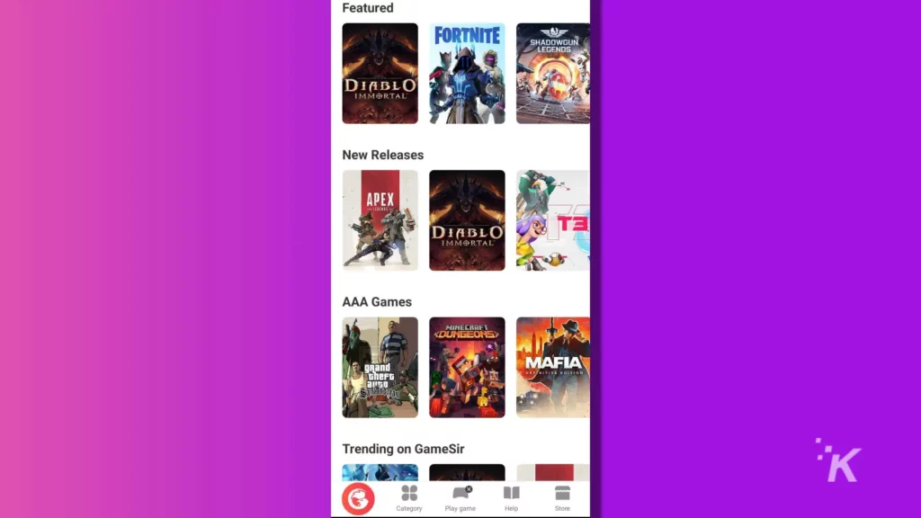 Gamesir-App-Spieleseite