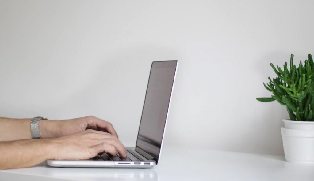 computadora en la mesa con planta verde