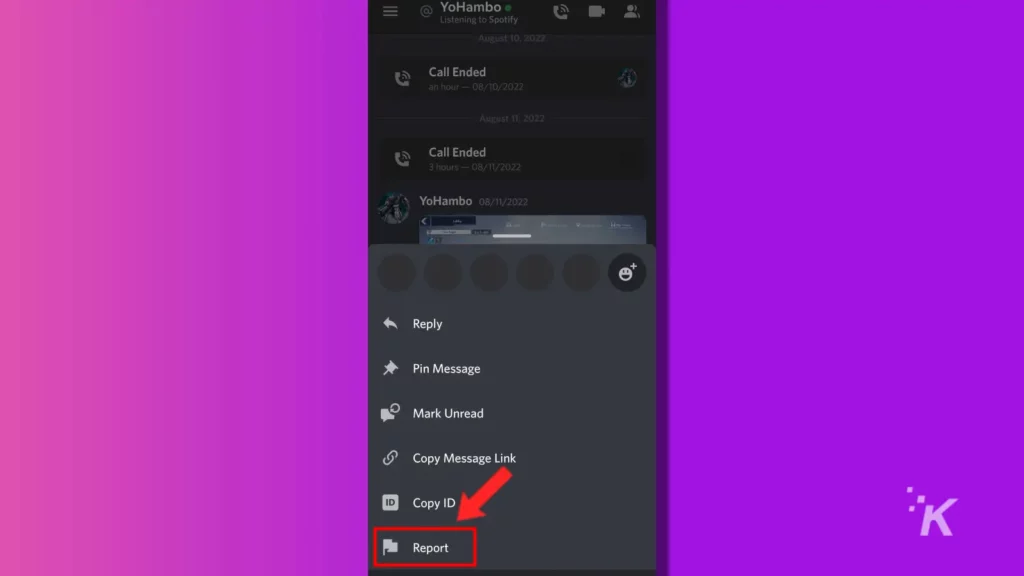 messaggio di segnalazione di discord mobile