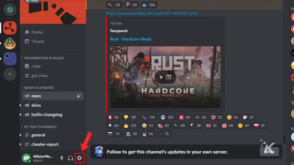 Discord przycisk ustawień koła zębatego