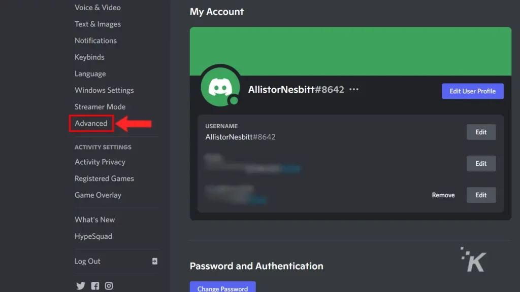 discord gelişmiş ayarlar sekmesi