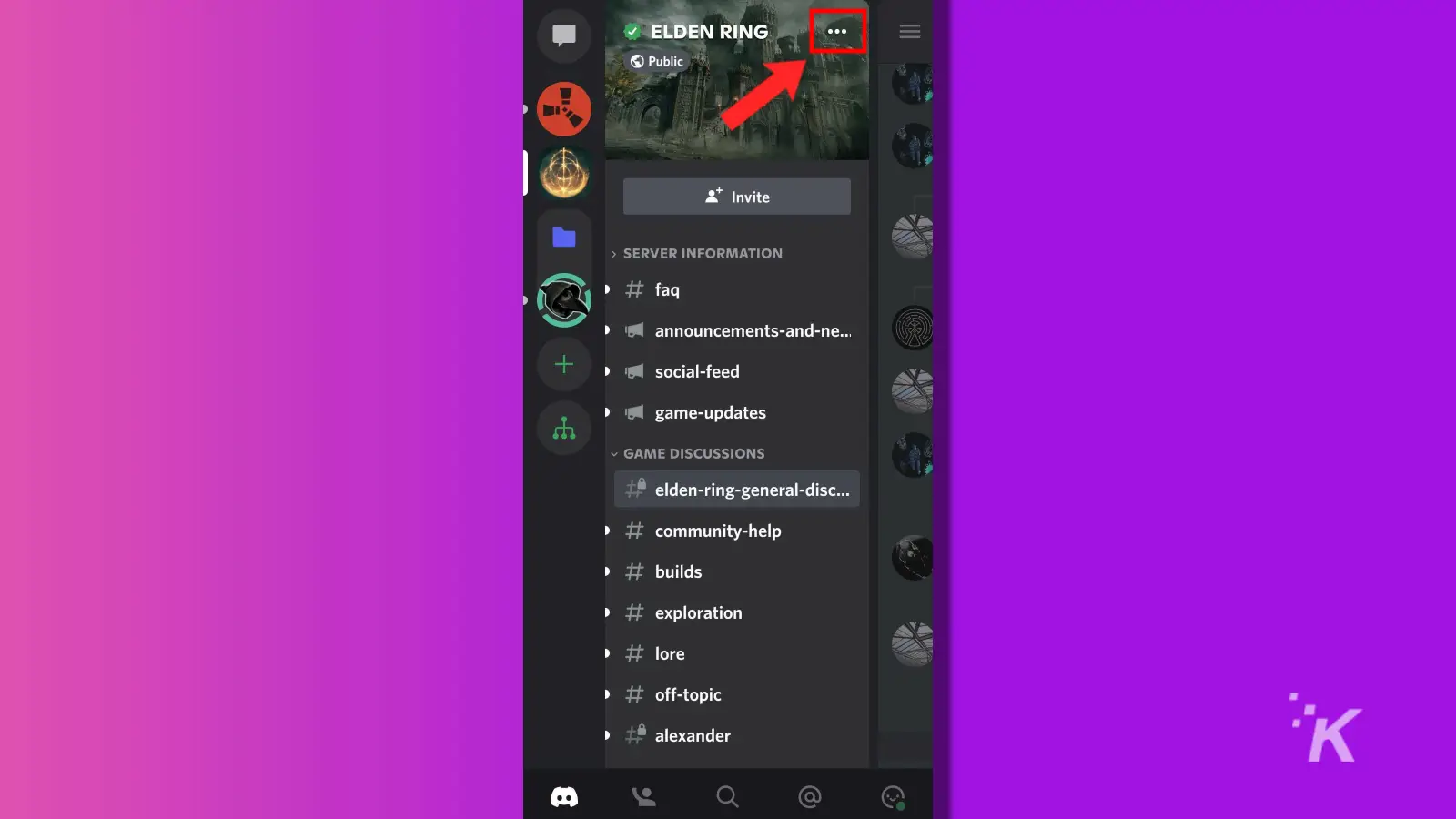 Configuración del servidor móvil de tres puntos de Discord