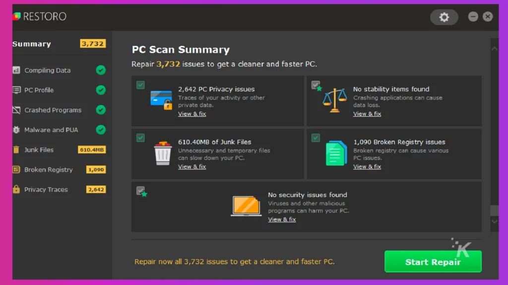 dashboard dello strumento di riparazione del pc restoro che mostra "avvia la riparazione"