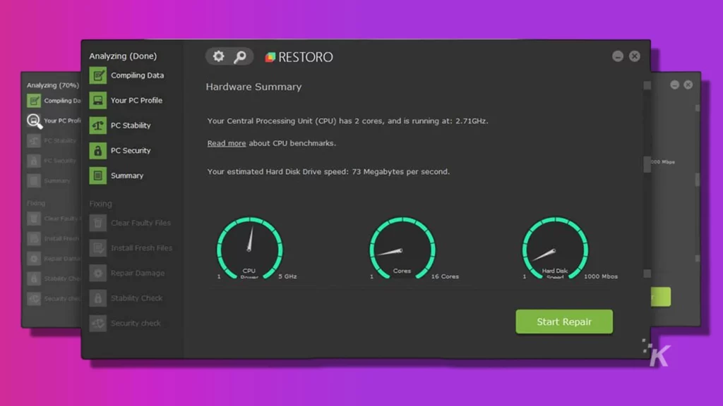 cruscotto di riparazione pc restoro su sfondo viola