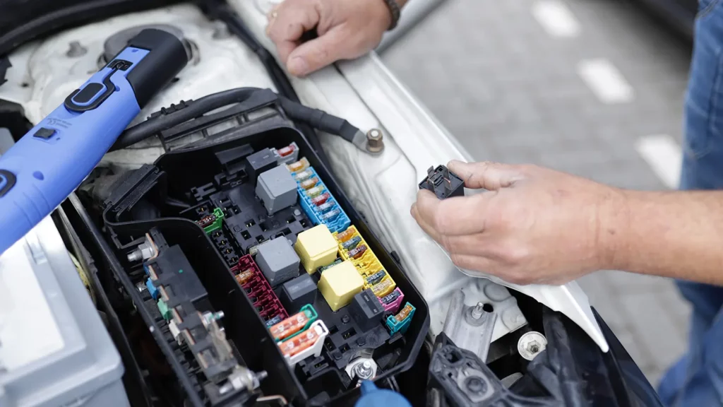 Mechaniker, der Sicherungen in einem Auto auswechselt