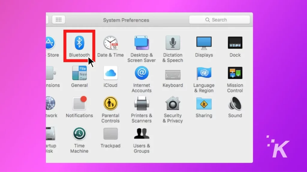 menu preferensi sistem pengaturan bluetooth macos dengan latar belakang ungu