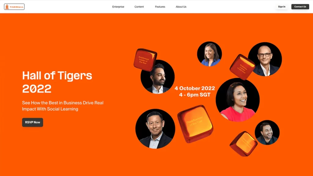 Tigerhall-Homepage mit Personen mit orangefarbenem Hintergrund