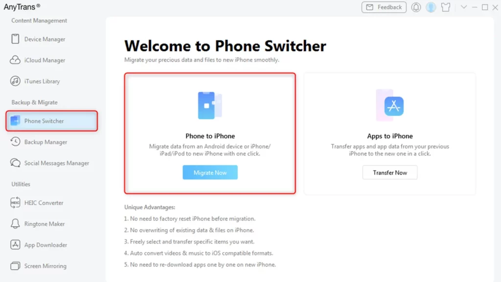 Software Anytrans pe ecran pentru a muta Android pe iPhone