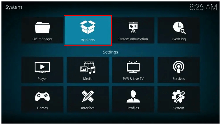 choose Add-Ons in kodi