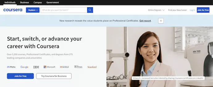 Home page di Coursera