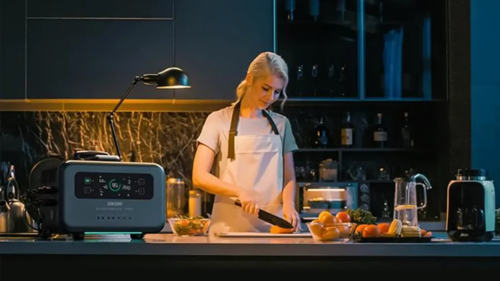 mujer en la cocina usando un generador