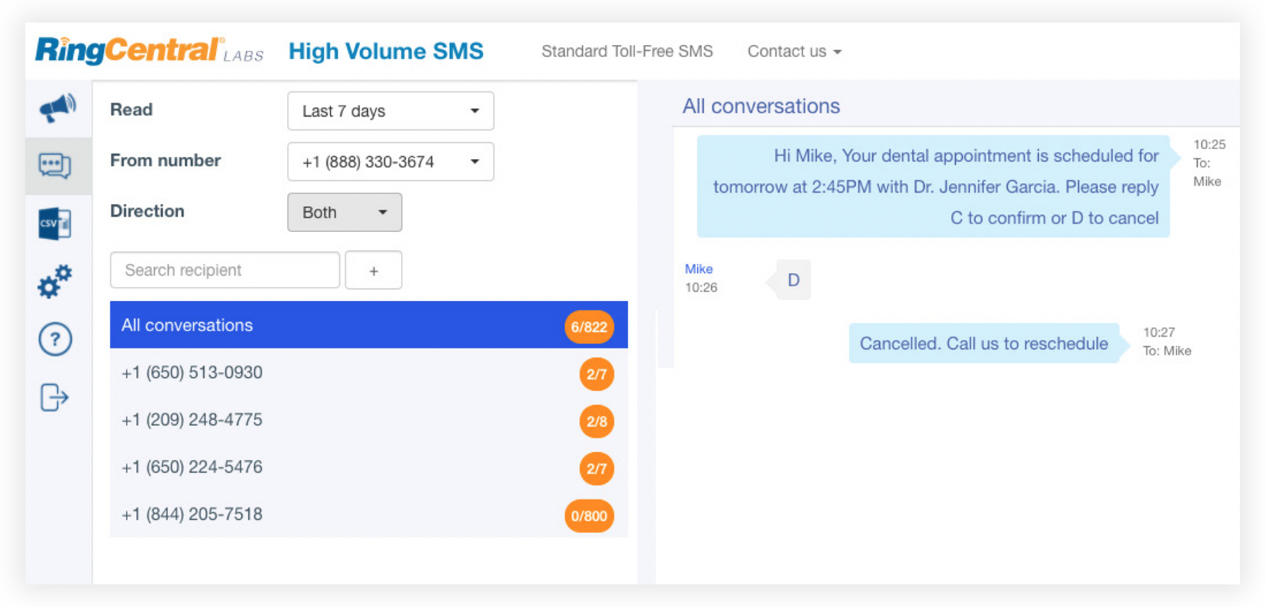 SMS de alto volumen de RingCentral