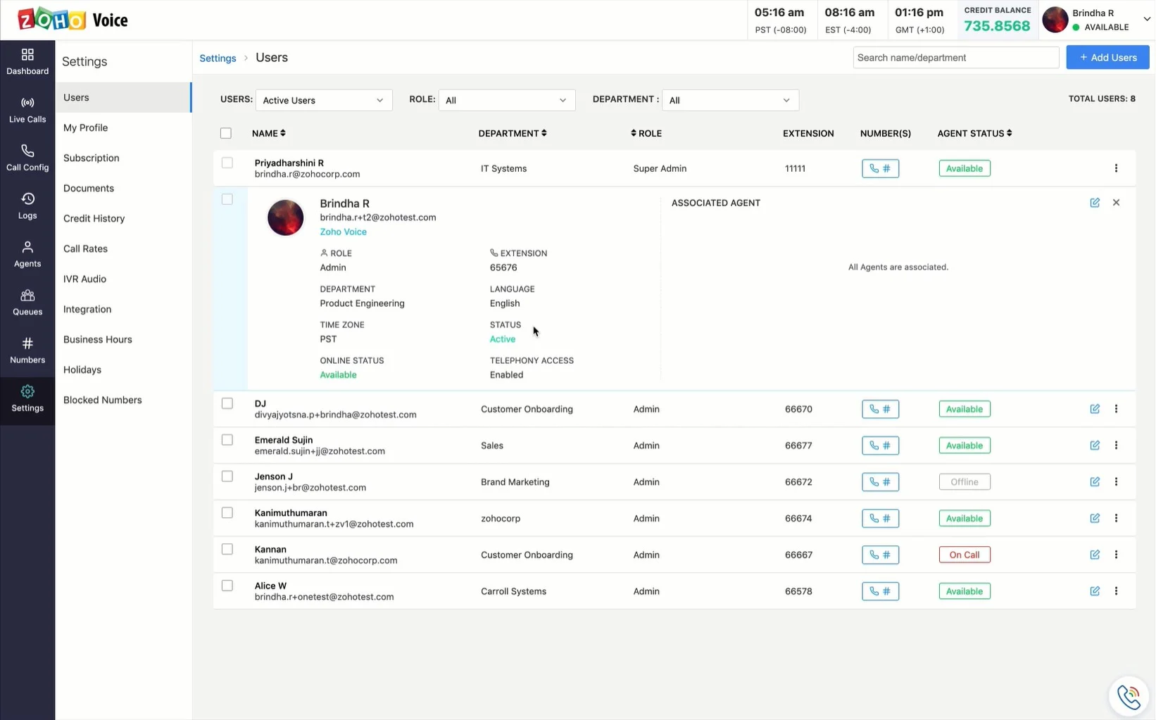 Administración de números Zoho