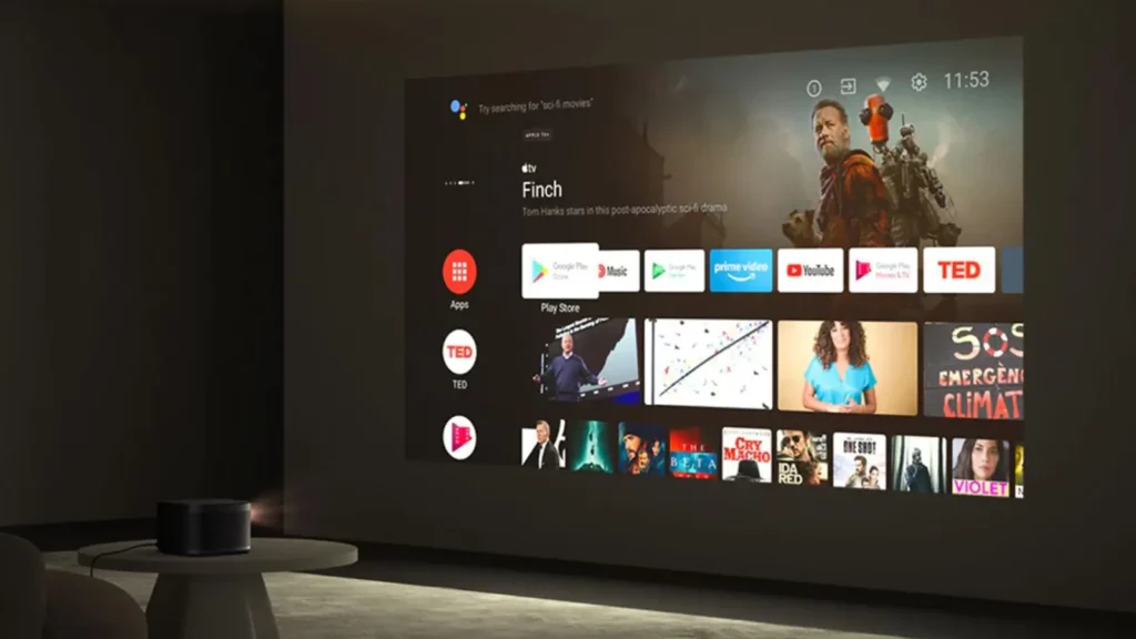 proyektor di kamar dengan antarmuka android di layar
