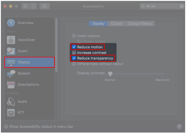 Reduce motion and Reduce transparency