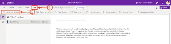 OneNote 中的沉浸式阅读器选项