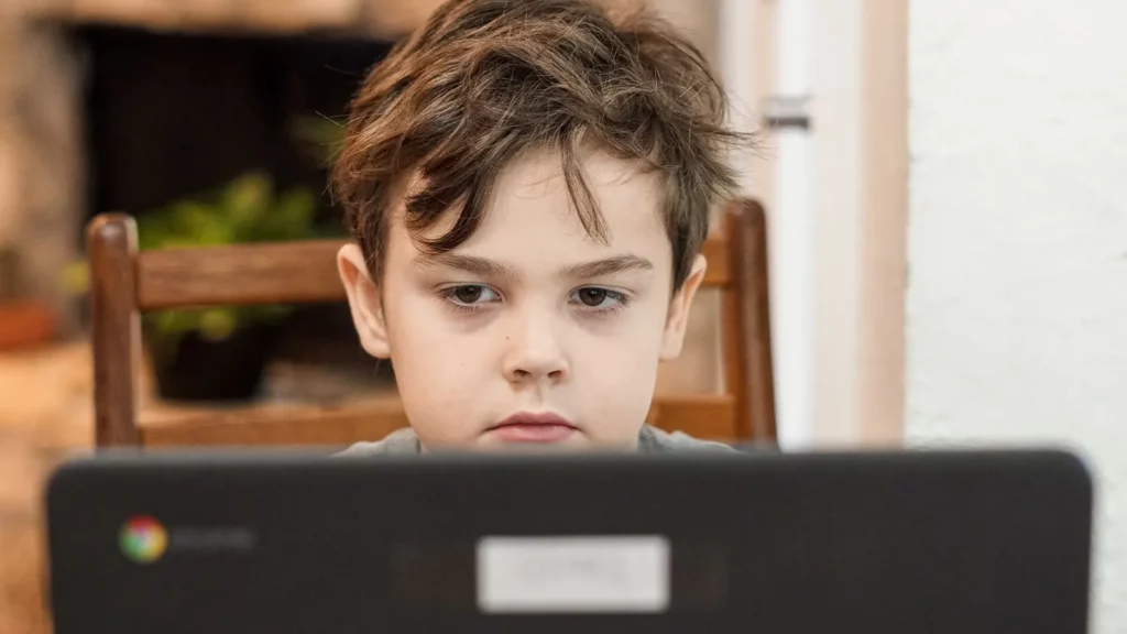 niño frente a una computadora haciendo tutoría en línea