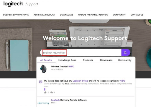 Type Logitech M570 driver in search bar