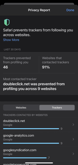 Privacy report in Safari