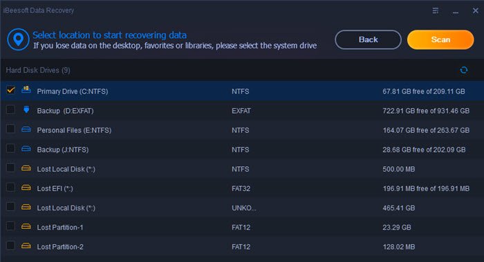 iBeesoft Data Recovery Select Storage