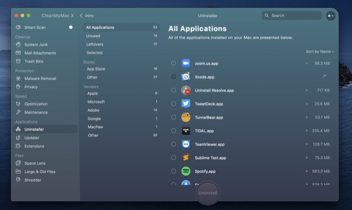 CleanMyMac X application uninstaller