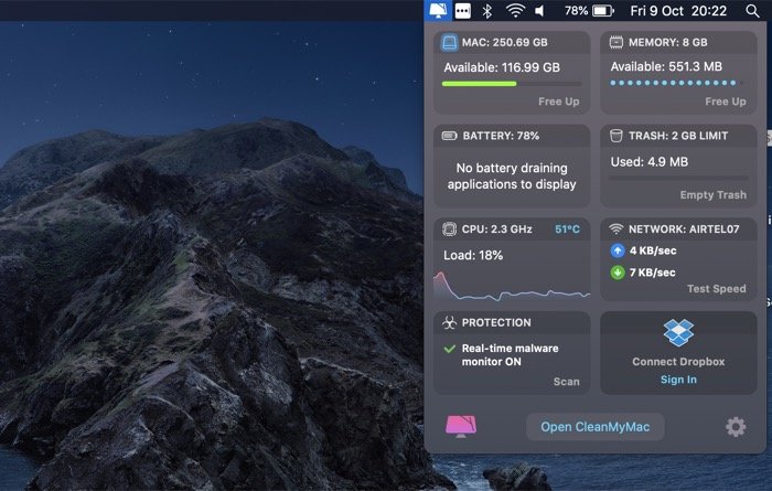 CleanMyMac X manu bar app