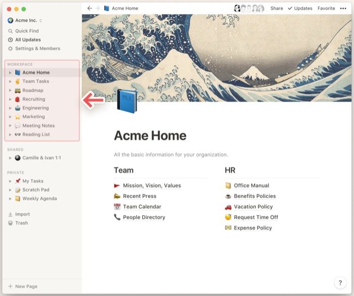 Workspace section in Notion