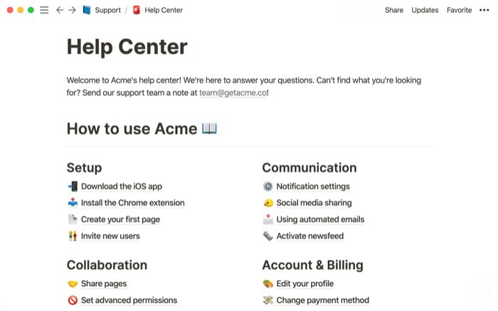 Notion web page for help center