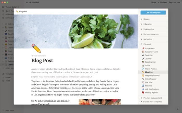 Choosing a template in Notion
