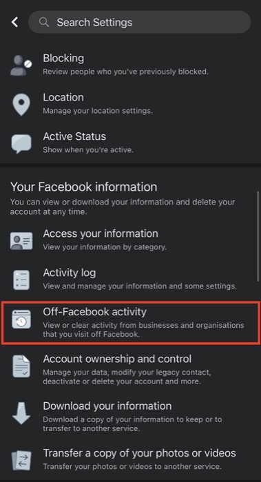 Disable Off-Facebook activity (app)