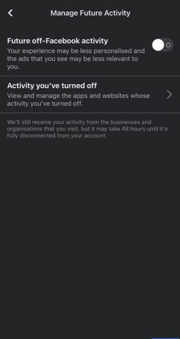 Disable Off-Facebook activity (app)