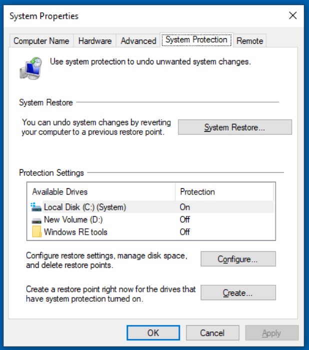 Restore Windows 10 to previous restore point