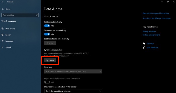 syncing date and time on Windows 10