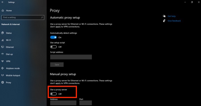disabling proxy on Windows 10