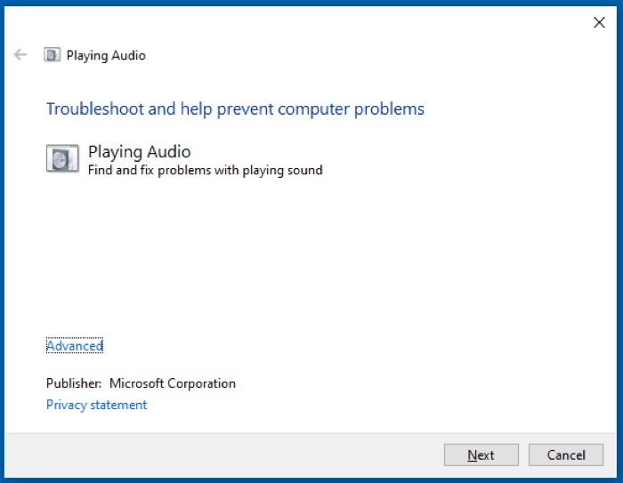 run Windows 10 audio troubleshooter