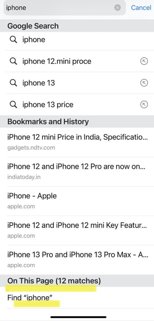 search on iphone safari