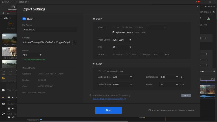 videoproc vlogger export settings