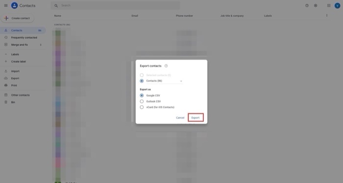 exporting Google contacts from source account