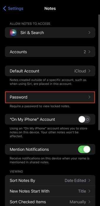 set a Notes password on iPhone