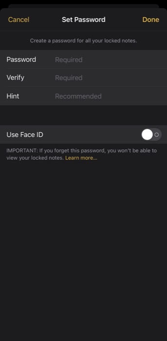 set a Notes password on iPhone