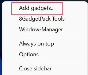 add gadgets in 8gadgetPack