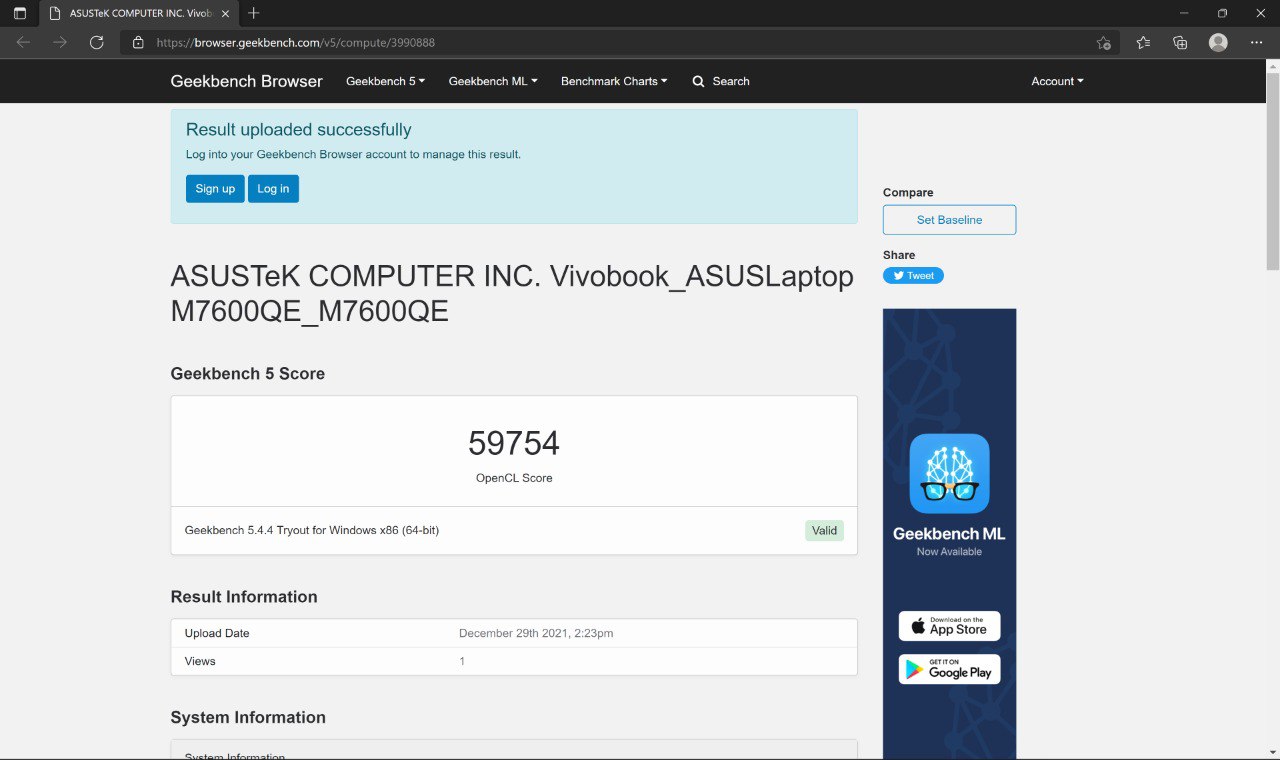 geekbench vivobook 16x