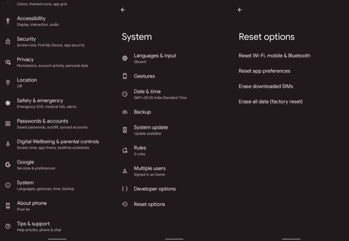 reset network settings on Android