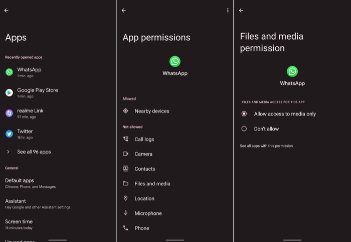 grant media permission to WhatsApp on Android