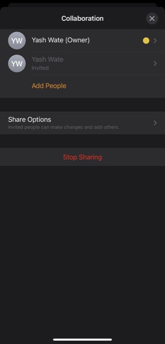 stop sharing iWork file on iPhone