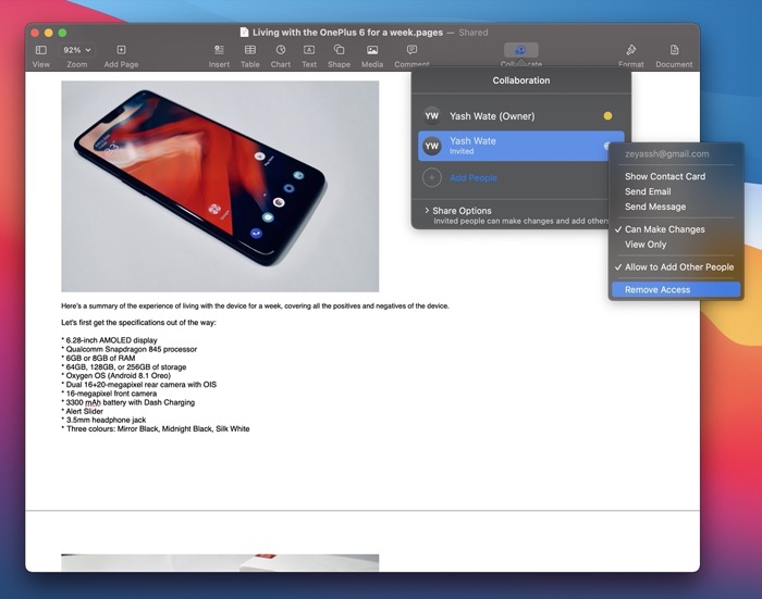 remove a collaborator from an iWork file on Mac