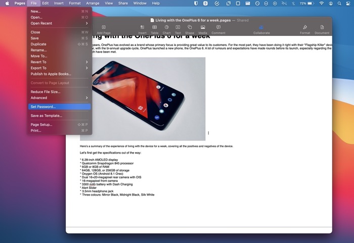 set password for an iWork file on Mac