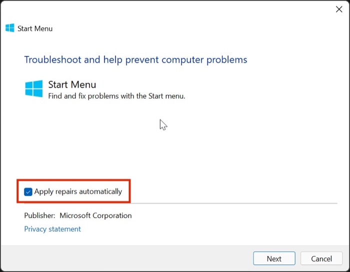 windows 11 start menu troubleshooter