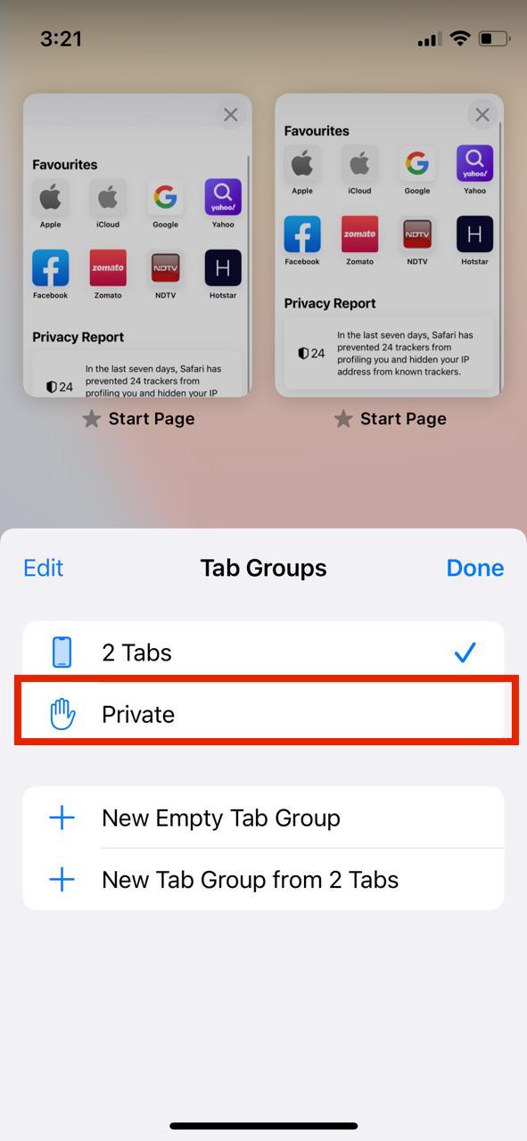 switching to private mode on safari