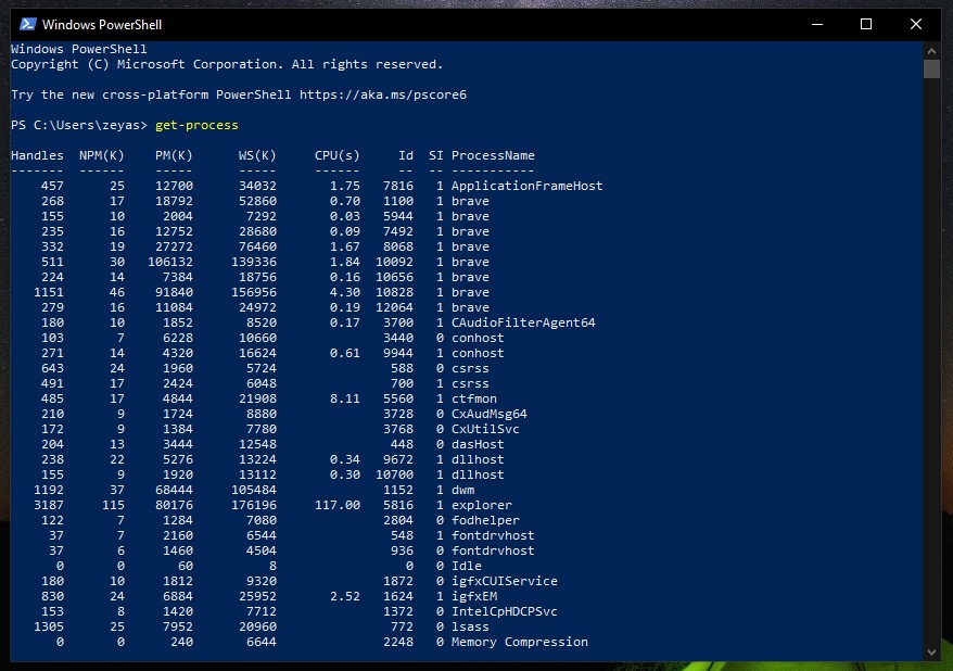 get-process command output